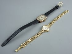 A LADY'S OBLONG DIAL ROSE GOLD ENCASED WRISTWATCH, maker unknown with leather strap and a lady's