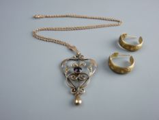 A NINE CARAT GOLD HEART SHAPED AND SCROLLED SEED PEARL PENDANT WITH CHAIN, 4.7 grms and a pair of