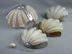 AN ART DECO SHELL GLASS & CHROME CEILING SHADE and three wall uplighters