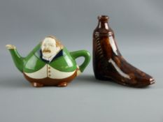 A FOLEY INTARSIO TEAPOT and a treacle glazed boot flask, the Wileman & Co statesman form teapot
