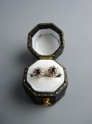 A PAIR OF EIGHTEEN CARAT GOLD DIAMOND & SAPPHIRE CLUSTER EARRINGS, 1.5 grms total