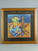 TELERI PARRY mixed media - still life, colourfully dressed dolls with two bottles and apple core