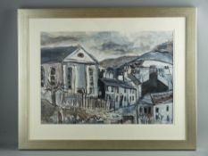 CATRIN WILLIAMS colourwash - cottages and chapel at Deiniolen, signed and dated 2013, 41 x 59 cms