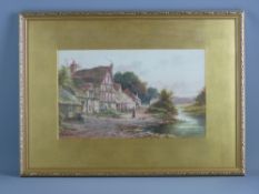 CLAUDE WANE watercolour - farmstead with lady feeding ducks, signed, 21 x 36 cms