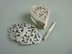 A HALLMARKED SILVER NURSE'S BUCKLE & TOOTHPICK with a white metal trinket box, London 1979 the
