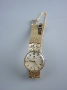 A LADY'S NINE CARAT GOLD CIRCULAR DIAL OMEGA WRISTWATCH with incorporated 'bark' bracelet (winder