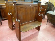 A NEAT VICTORIAN PITCH PINE PEW, 125 cms high, 103 cms wide