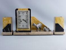 A FRENCH ART DECO CLOCK GARNITURE, three piece set in various coloured marble, the clock base set