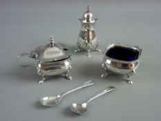 A THREE PIECE PLAIN SILVER CONDIMENT SET, each piece on four pad feet, salt and mustard with Bristol