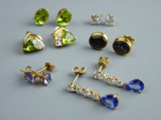 SIX PAIRS OF MAINLY NINE CARAT GOLD AMMOLITE & TANZANITE EARRINGS