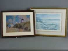 HARRY HUGHES WILLIAMS coloured print - Anglesey windmill with stooked corn, unsigned, 28 x 40 cms