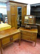 AN EDWARDIAN INLAID MAHOGANY THREE PIECE BEDROOM SUITE of single mirrored wardrobe with base drawer,