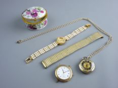 A PARCEL OF THREE DRESS WATCHES, one contained in a porcelain and yellow metal patch box