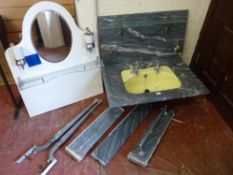 A VINTAGE GREY MARBLE & ENAMEL WASHBASIN with splashback on metal front supports, all with