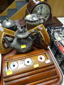 A Bakelite desk stand and sundry items together with a mantel clock
