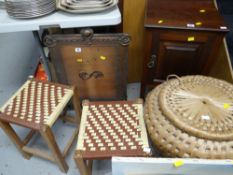 A pair of two-tone rush covered stools and a metal vintage firescreen and a Alibaba basket