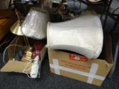 A box of metalware including fire irons, copper planter and a box of lighting