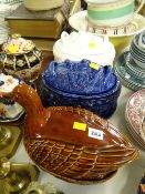 Pair of Portmeirion pottery game pie dishes and a Portmeirion 'duck-on-nest'