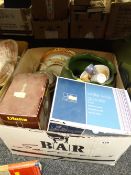 A box of mixed pottery etc