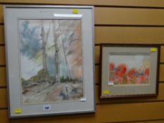 Stan Jones watercolour - wooded landscape, signed together with Arnold Lowrey watercolour - poppy