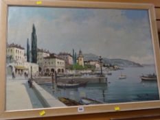 Continental School oil on canvas - Italian lake town waterfront scene with moored boats looking