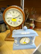 A blue Wedgwood Jasperware mantel clock and another clock with Wedgwood Jasperware cartouche