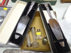 A pair of cut glass bud vases with silver rims, a silver rimmed scent bottle etc