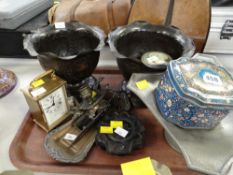 A pair of copper footed planters, a hammered pewter tazza, old packaging tins etc