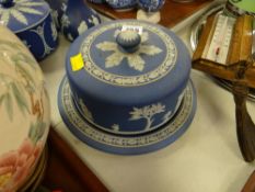 A blue Wedgwood Jasperware circular cheese dome and stand