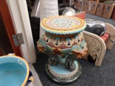 A Brown Westhead & Moore Majolica pottery pedestal in the Oriental-style with three serpent creature
