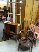 An antique commode, a loom chair, a damaged Windsor chair, towel rail etc