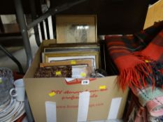 A box of framed pictures, CDs etc