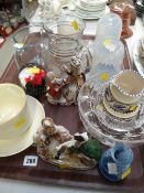 A parcel of mixed items including Vaseline glass pendant shades etc