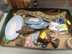 A twin-handled silver tug of war trophy, sundry Wedgwood Jasperware cameos etc