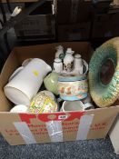 A box of mixed pottery and china including Majolica bread plate