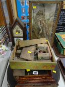 A parcel of vintage items including a taxidermy owl, a vintage children's fort, dartboard etc