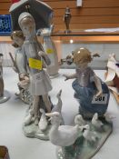 Two Lladro models - one being a little girl chasing geese and the other being a girl with an