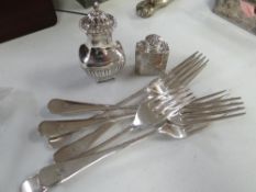 A silver continental scent bottle and a silver pepperette and a collection of EPNS forks