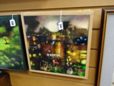 Sara Philpott oil on board - landscape with easter eggs and washing line, cobwebs etc, entitled