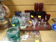 Parcel of mixed decorative glassware, drinking glasses and a small Dry Gin pub mirror