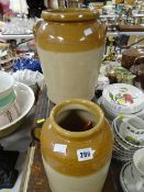 Two good stoneware dairy containers - ideal for kitchen utensils, one with twin-handles