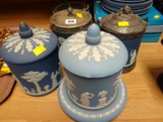Four sundry Wedgwood Jasperware biscuit barrels