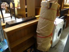 A vintage wooden stepladder, a Hessian roll of carpet and a pine rack