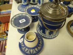 A blue Wedgwood Jasperware match striker, similar biscuit barrel with EPNS lid and two miniature