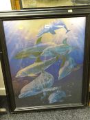 An iridescent framed print of a pod of dolphins