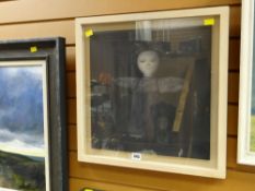 Iorwen James oil on board - study of a sinister doll on a dark background, entitled verso '