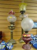 Three good oil lamps including a W & S Best English Duplex with etched and tinted shade on a