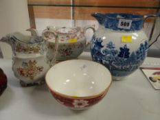 An early nineteenth century jug (damage) a Swansea pearlware hand painted bowl circa 1800 (cracked),