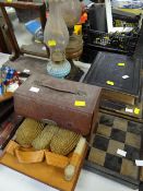 A toilet mirror (distressed), two oil lamps, a gent's vanity case, chess set etc