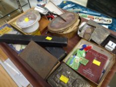 A quantity of mixed collectables including Prattware pot lids, metallic boxes, coinage etc